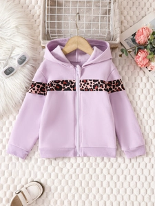 Purple hooded zip-up sweatshirt with leopard print splicing and ribbed cuffs on hanger