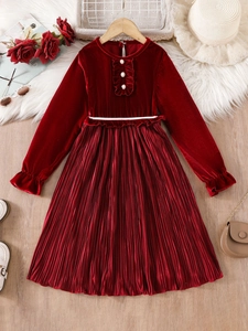 Elegante meisjesjurk van donkerrood fluweel met lange mouwen en een geplooide rok