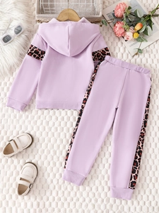 Kids purple hooded tracksuit with leopard print splicing on sleeves and pants