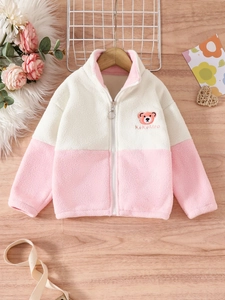 Mädchen-Fleece-Set mit Reißverschlussjacke, rosa-weißem Colorblock und niedlicher Bärenstickerei
