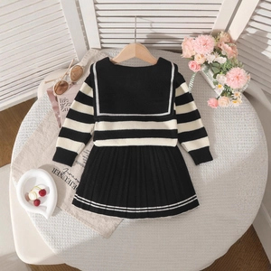 Detail of girls' striped knit cardigan with sailor collar and pleated skirt set
