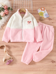 Zweiteiliges Fleece-Set für Mädchen mit rosa-weißer Reißverschlussjacke und passender Hose