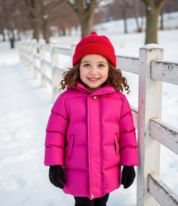 Detail of child wearing a pink hooded winter coat with red knit hat in the snow