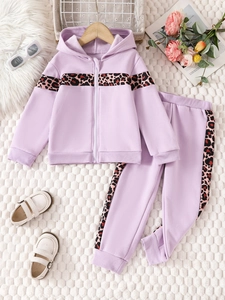 Kids purple leopard print patchwork hoodie and matching pants two-piece set