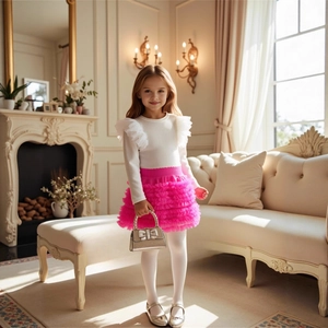 Detailed view of girls' white ruffle long sleeve top and pink tiered tulle tutu skirt set