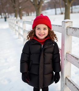 Close-up of black quilted hooded puffer coat for children in a winter outdoor setting