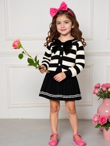 Girls Preppy Style Striped Knitwear Outfit Contrast Bow Cardigan And Pleated Skirt Clothing For Spring Autumn Kids