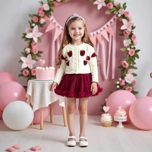 Détail du cardigan en tricot avec broderie fraise 3D et jupe tutu rouge pour fille