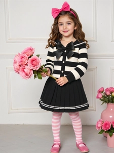 Girls striped knit cardigan and pleated skirt set with bow detail in academy style