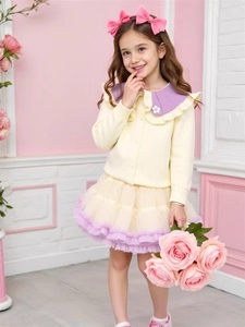 Girls Rabbit Hair Blend Knit Cardigan And Tutu Skirt Outfit Ruffle Collar Flower Buttons Sweet Children Clothing Set