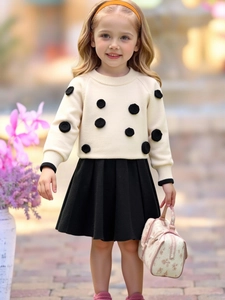 Costume en Tricot pour Filles avec Pull à Pois et Jupe Plissée Pull Doux à Col Rond et Manches Longues pour Automne Hiver