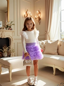 Girls princess tutu set featuring white long-sleeve knit top and layered purple mesh skirt