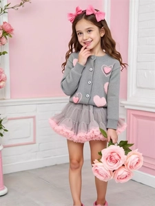 Ensemble Cardigan en Tricot et Jupe Tutu en Maille pour Filles Gris Rose Motif Cœur Manches Longues Tenue de Princesse