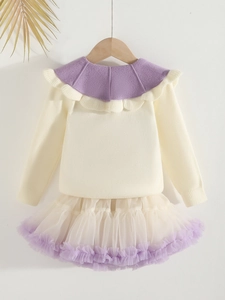 Girls' knit cardigan and mesh tutu skirt two-piece set in cream with purple ruffles