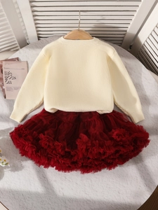 Ensemble tutu de Noël pour fille avec pull en maille crème et jupe en tulle rouge vin