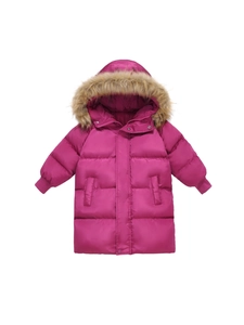 Thick purple hooded winter coat for kids with brown faux fur trim and ribbed cuffs