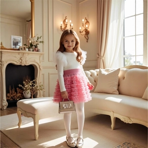Detail of girls' white ribbed long sleeve top and pink tiered mesh tutu skirt set