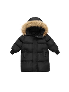 Kids long black thickened winter puffer coat with windproof hood and fluffy faux fur trim
