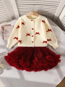 Ensemble cardigan beige à nœuds rouges et jupe tutu rouge pour petite fille