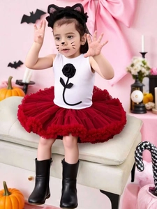 Girls Halloween Costume Set White Ribbed Tank Top 3D Black Rose Decoration Layered Mesh Tutu Skirt Cat Ear Headband Outfit
