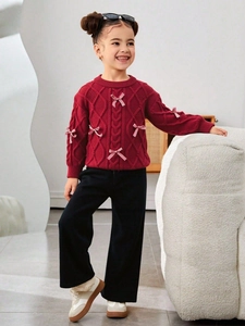 Girls Sweet Cable Knit Sweater Bow Pullover And Wide Leg Ribbed Pants Polyester Viscose Long Sleeve Warm Outfit For Autumn Winter