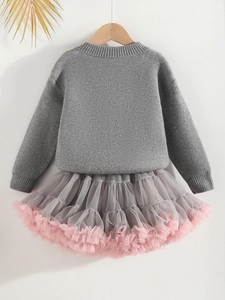 Ensemble fille avec pull en maille gris et jupe tutu en tulle rose pour l'automne