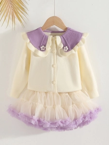 Girls knit cardigan and tutu skirt set with purple floral collar and mesh layers