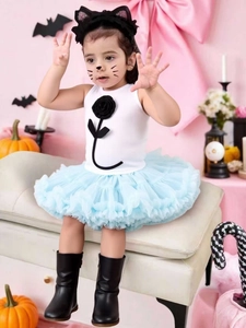 Girls' Halloween cat costume set with sleeveless top, tutu skirt and cat ear headband