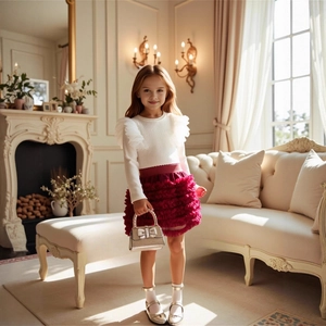 Full view of girl's white long sleeve top and dark red layered mesh cake skirt outfit