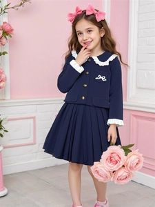 Girls Academy Style Little Fragrance Outfit Set Polyester Long Sleeve Jacket And Pleated Skirt Lace Bow Kids Clothing