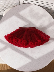 Vue à plat d'un tutu rouge bouffant pour filles avec couches en tulle sur fond blanc