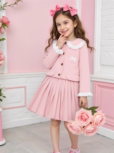 Pink girls tweed jacket and pleated skirt set with white lace collar and bow embroidery