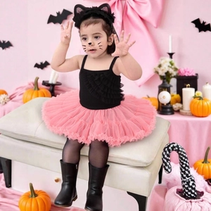 Détail du costume chat fille avec débardeur à volants et jupe tutu rose multicouche