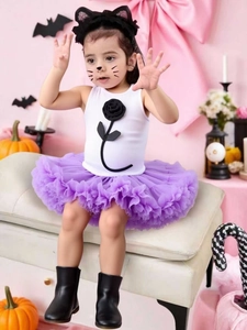 Girls Halloween outfit with white ribbed tank top, purple tutu skirt and cat ear headband