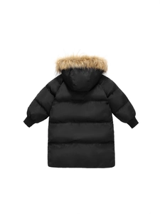 Thick black long hooded winter coat for kids with fluffy faux fur collar and quilted pattern