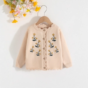 Dettaglio del cardigan in maglia con ricami floreali, bordi ondulati e chiusura monopetto