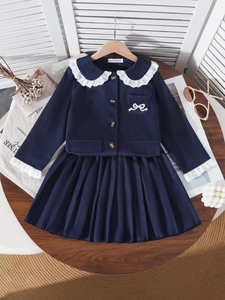 Girls navy preppy style tweed jacket and pleated skirt set with lace collar detail