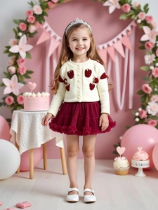 Petites Filles Gilet en Tricot Brodé Fraise Et Jupe Tutu en Maille à Plusieurs Couches Automne Hiver Fête Anniversaire Tenue