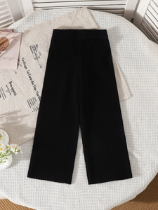 Chic black high-waist ribbed knit wide-leg pants for girls with premium draped texture