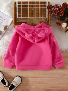 Girl's thick rose red fleece hooded jacket with bear ears and plush contrast sleeves