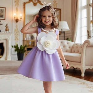 Detail eines lila Mädchenkleids mit großer weißer 3D-Blume und eleganter A-Linie