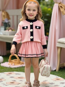 Girls Elegant Knitted Cardigan And Pleated Skirt Outfit Polyester 3D Flower Detail Fall Winter Toddler Kids Fashion Clothes