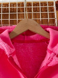 Thick rose red hooded fleece jacket for girls with zipper and warm plush lining