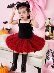 Ensemble de Costume de Chat d'Halloween pour Filles Avec Débardeur à Volants Jupe Tutu en Maille Serre-Tête Oreilles de Chat Tenue de Fête