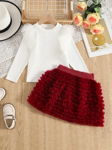 Detail of girls white ribbed long sleeve top and tiered burgundy tulle skirt set