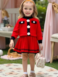 Girls' red knit set with 3D white flowers and black trim, elegant tweed style two-piece