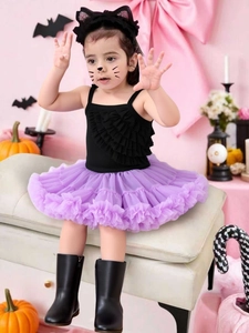 Ensemble Halloween fille avec haut noir à volants, jupe tutu violette et serre-tête chat
