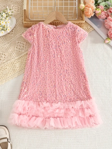 Robe de princesse à paillettes roses pour filles avec jupon en tulle et manches courtes
