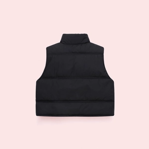 Back view of a black padded children vest featuring horizontal quilting and a windproof collar