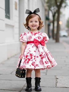 Robe de Princesse à Manches Bouffantes pour Filles Imprimé Floral Nœud Robe de Soirée Mariage pour Enfants Été Élégant